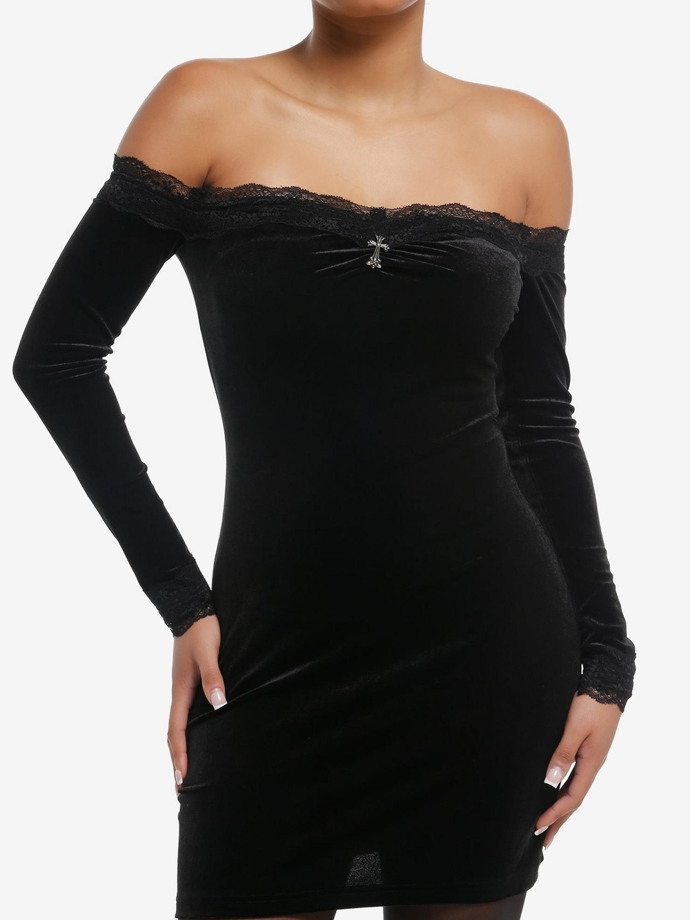Hot Topic Black Velvet Lace Trim Long Sleeve Off Shoulder Bodycon Dress